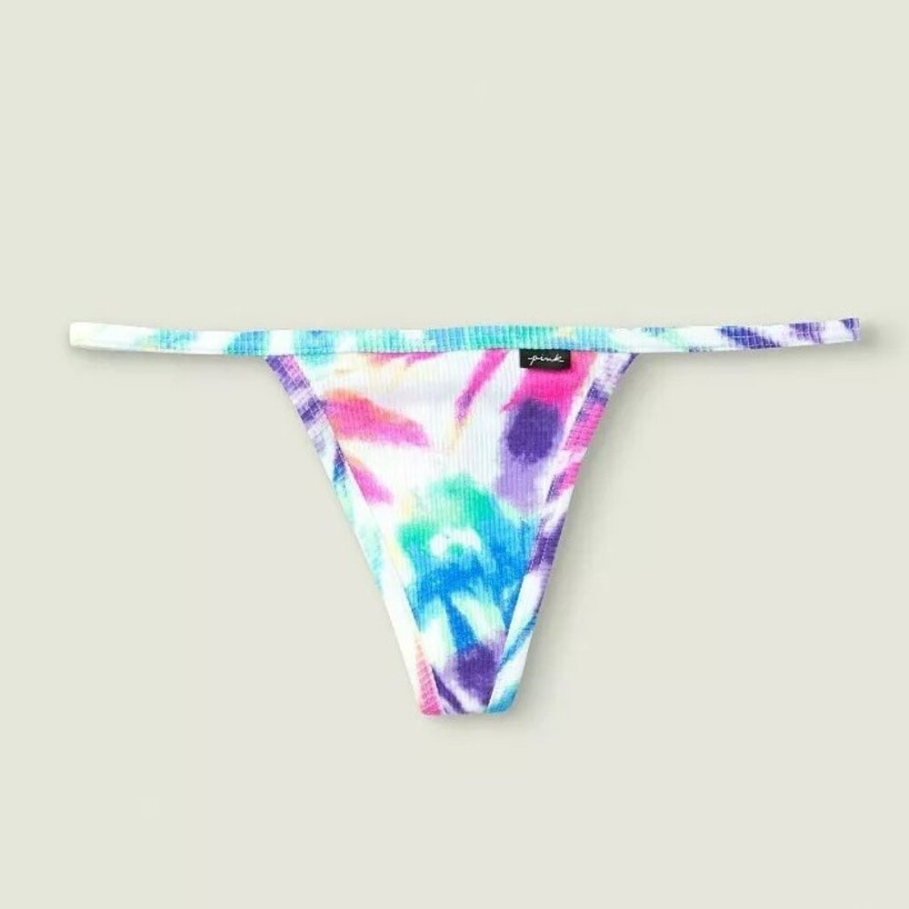 Victorias Secret PINK Cotton V-String Panty Thong Size L Ribbed White Tie Dye